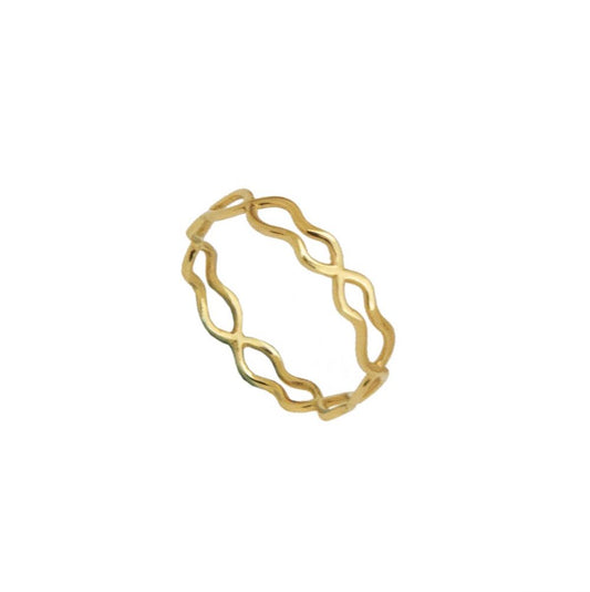 Signifying unbreakable links and unique connections. Handcrafted in 9k yellow gold, this delicate ring looks stunning as a stack or likewise is striking on its own. It's design makes a statement of relaxed opulence. 