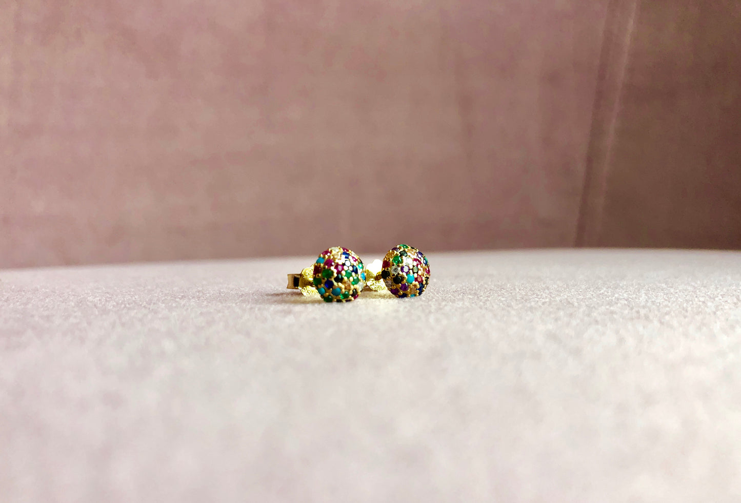 Yellow Gold-plated sterling silver studded earrings, encrusted with colourful Cubic Zirconia stones. 
